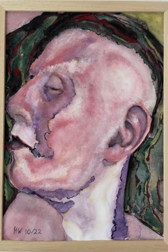 Visage rose et violet au fond vert et rouge